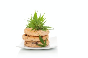 Cannabis Edibles on a plate with cannabis flower on top waiting to be taken off