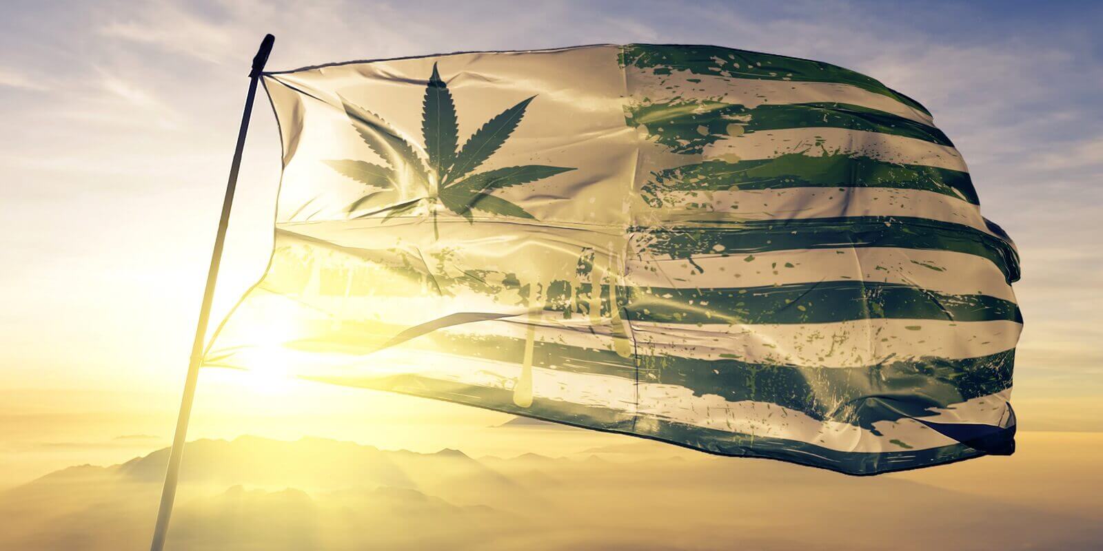 usa flag paint weed mariguana marijuana flag waving on the top sunrise mist fog