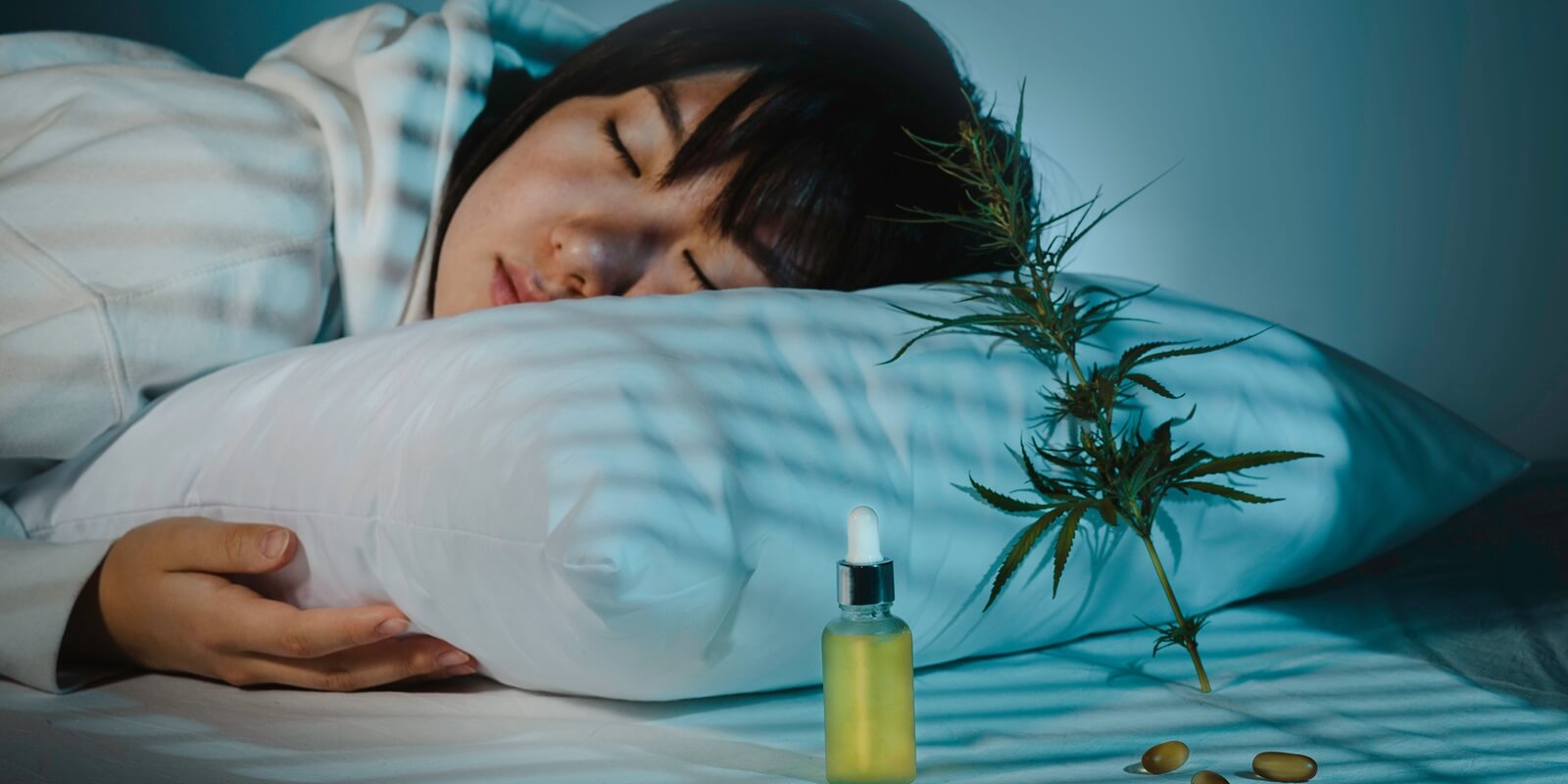 Boston, MA asian girl sleeping in evening bedroom with cbd oil