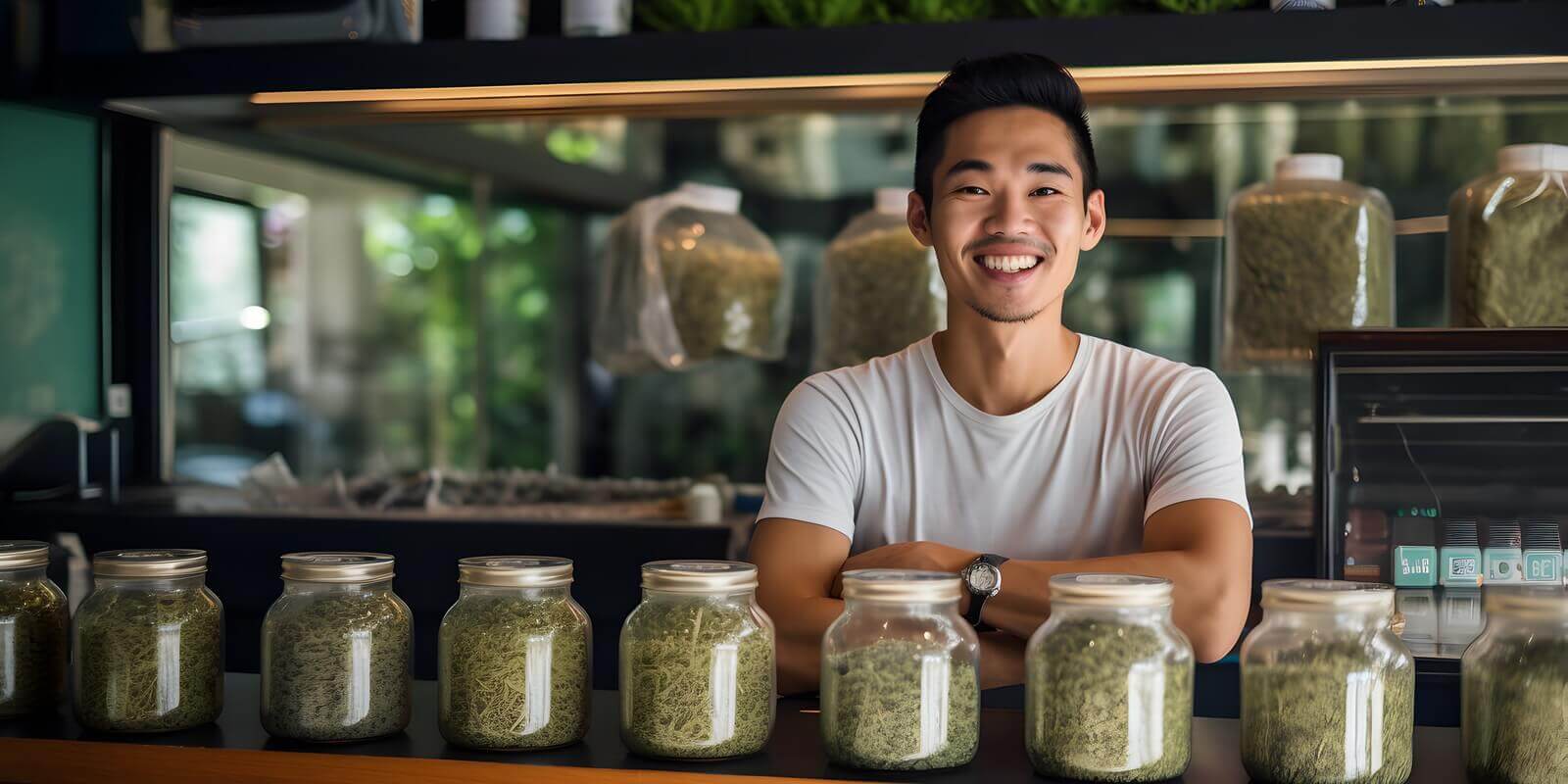 young man thai working in shop selling medical cannabis