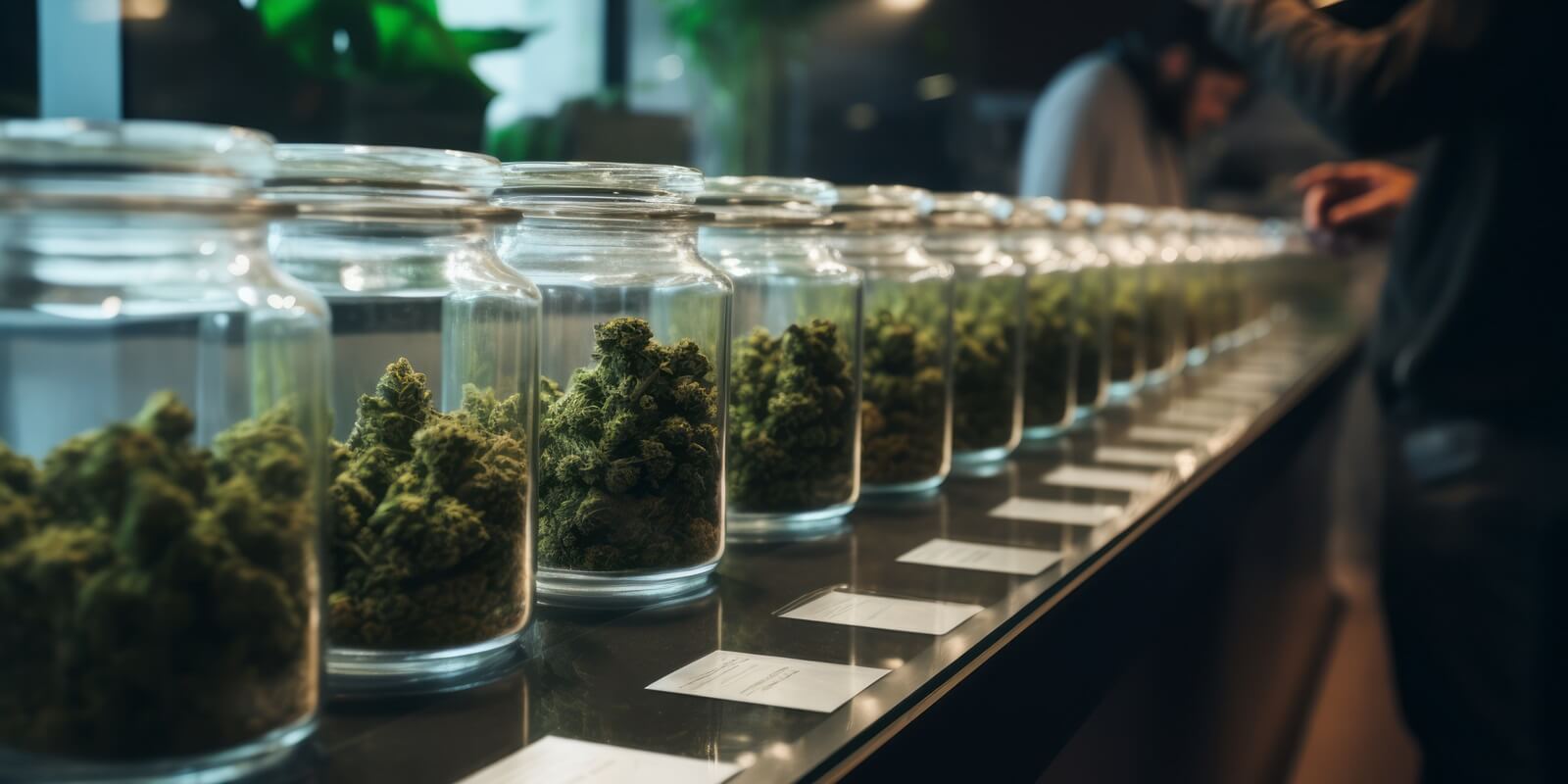 cannabis buds stored in glass jars in Boston dispensary