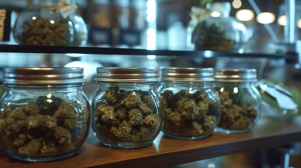 collection of glass jars filled with marijuana arranged neatly on a shelf in Boston dispensary