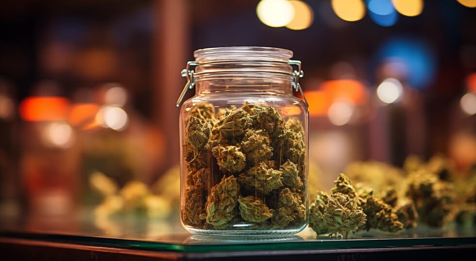 Boston dispensary with cannabis flowers in jar on counter