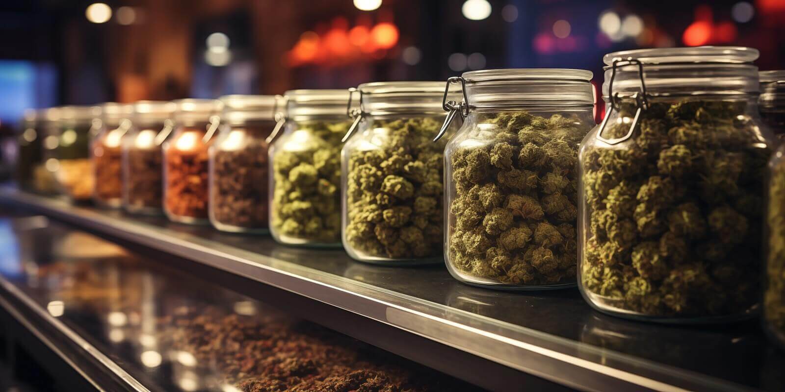 Boston dispensary counter with glass jar filled with different cannabis strains