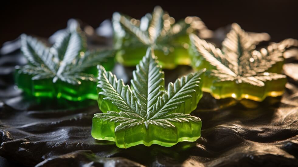 cannabis shape edibles, medical marijuana, CBD CBG infused gummies and edible pot concept theme with close up on dark background