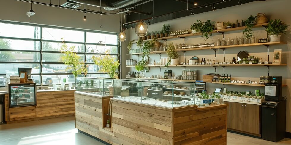 cannabis store with filled displays and counters of product in Boston dispensary