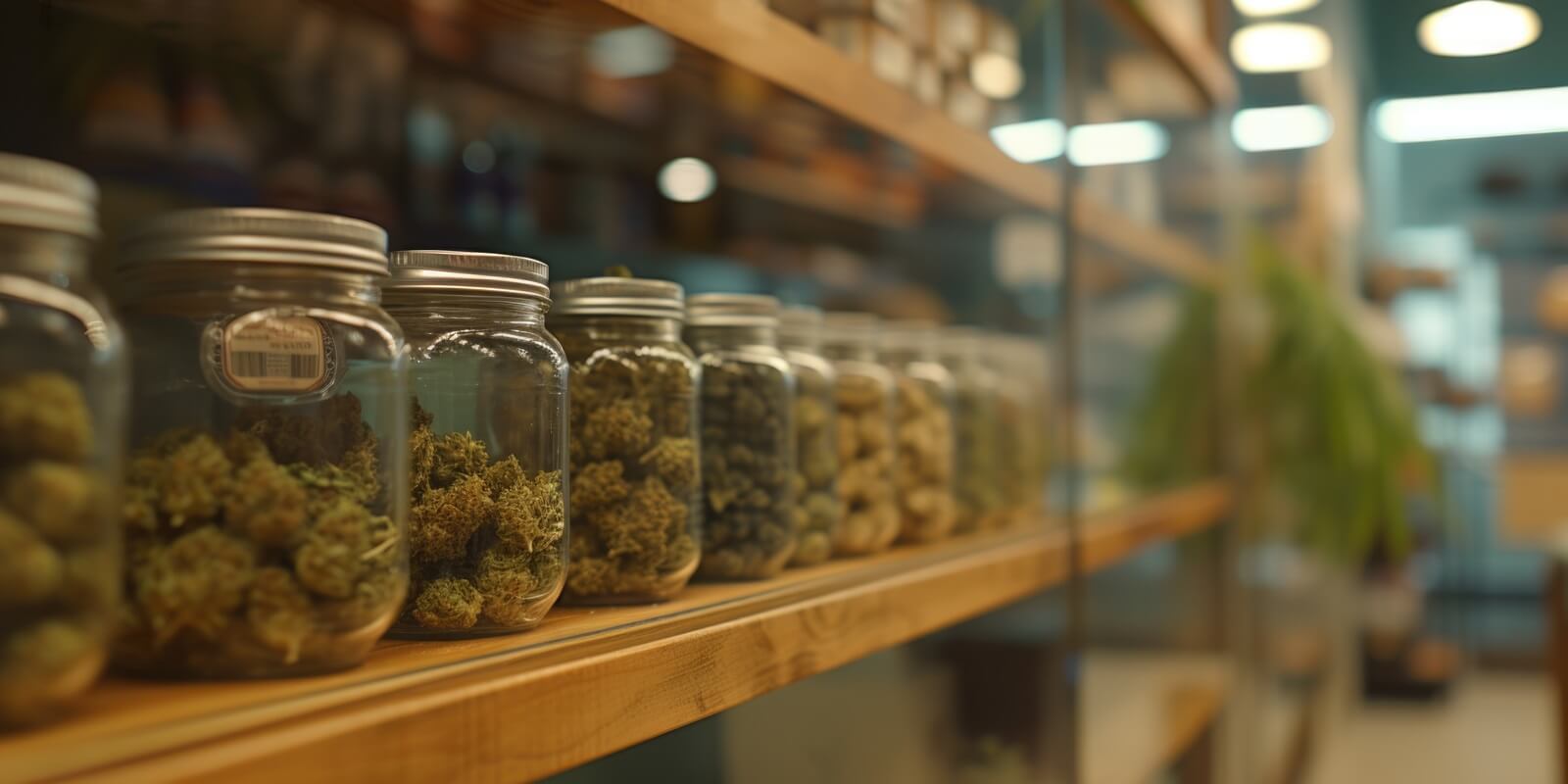 shelf filled with jars of marijuana in Boston dispensary