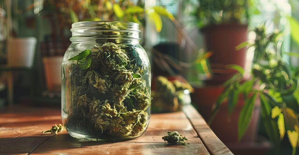 cured cannabis buds stored in a jar