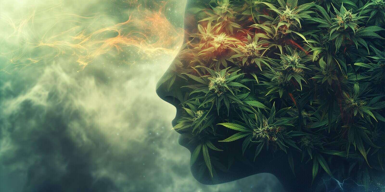 face profile filled with hemp leaves symbolizes marijuana use