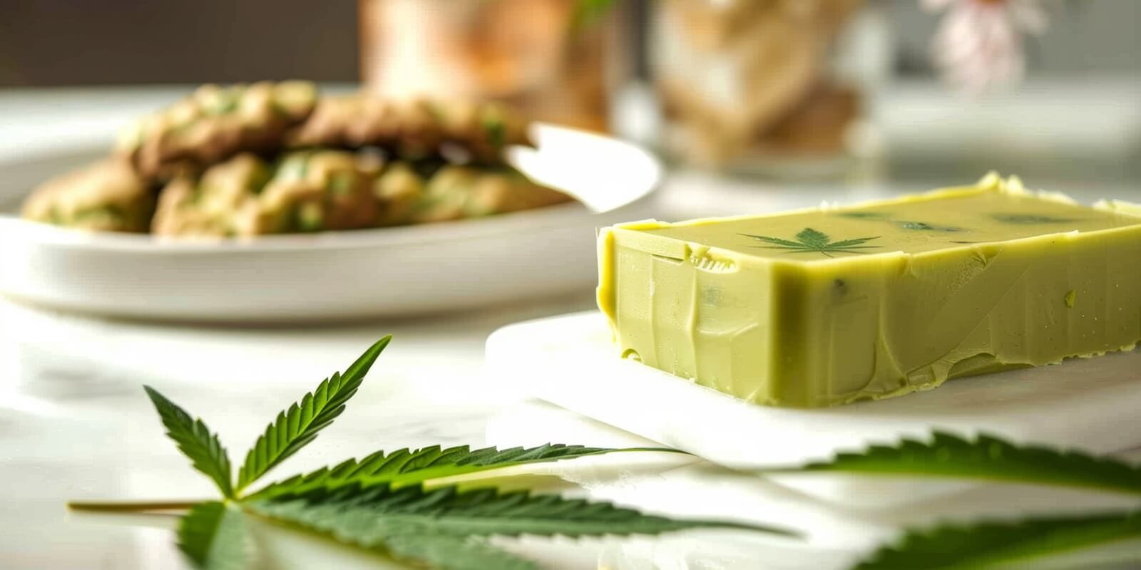 cannabis-infused butter beside marijuana leaves, insightful of artisanal weed edibles