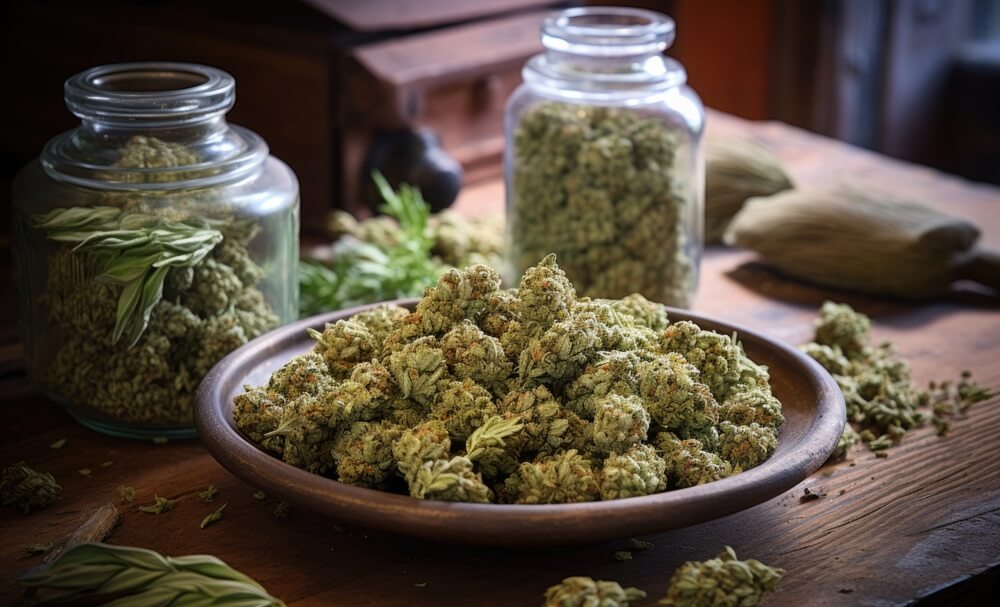  cannabis buds from Boston dispensary ready for consumption on a wooden table