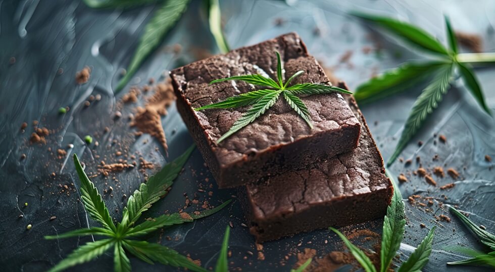 hemp cannabis leaves on chocolate brownie from Boston dispensary