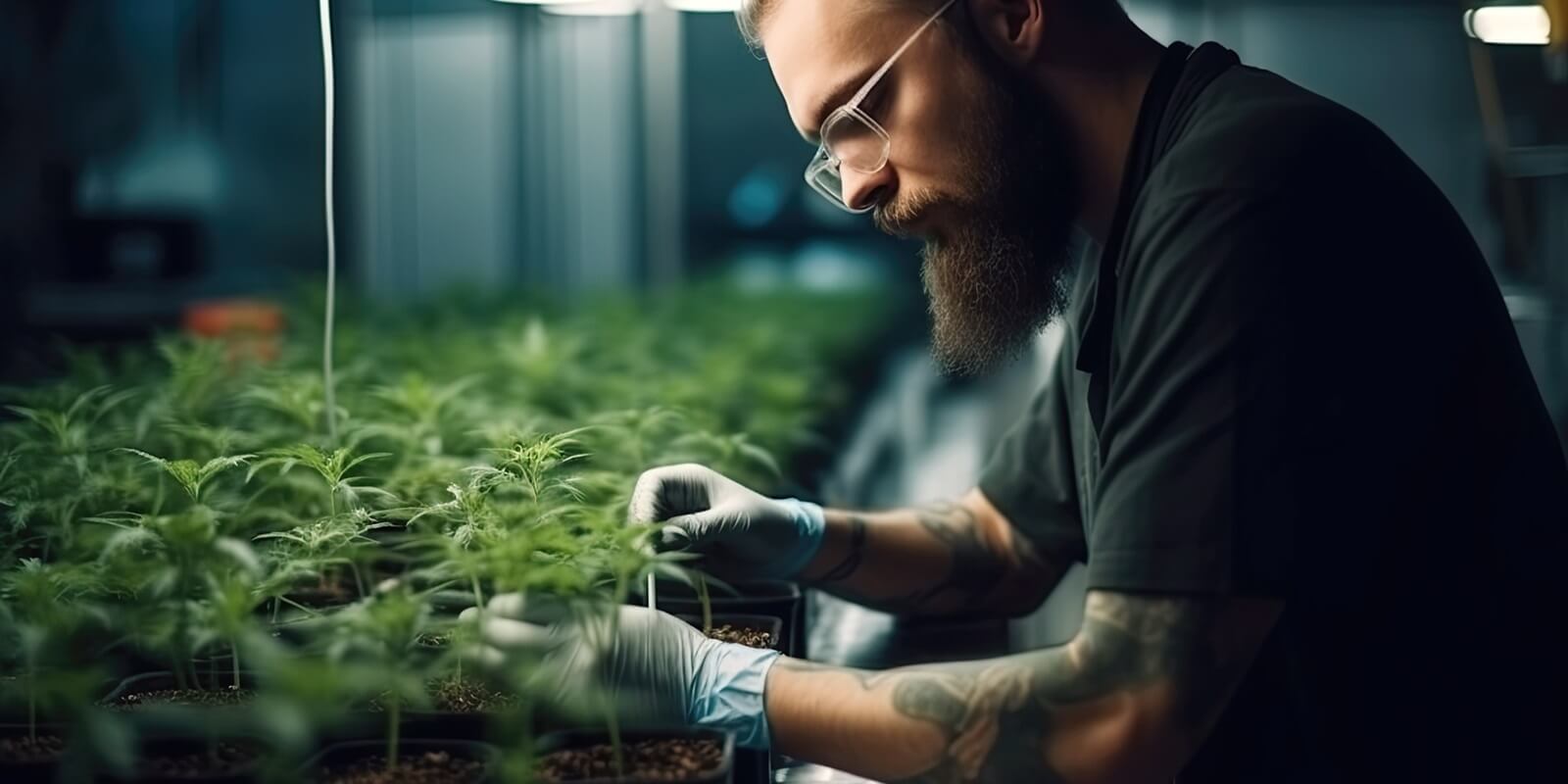 male worker in greenhouse with medicinal cannabis marijuana bushes