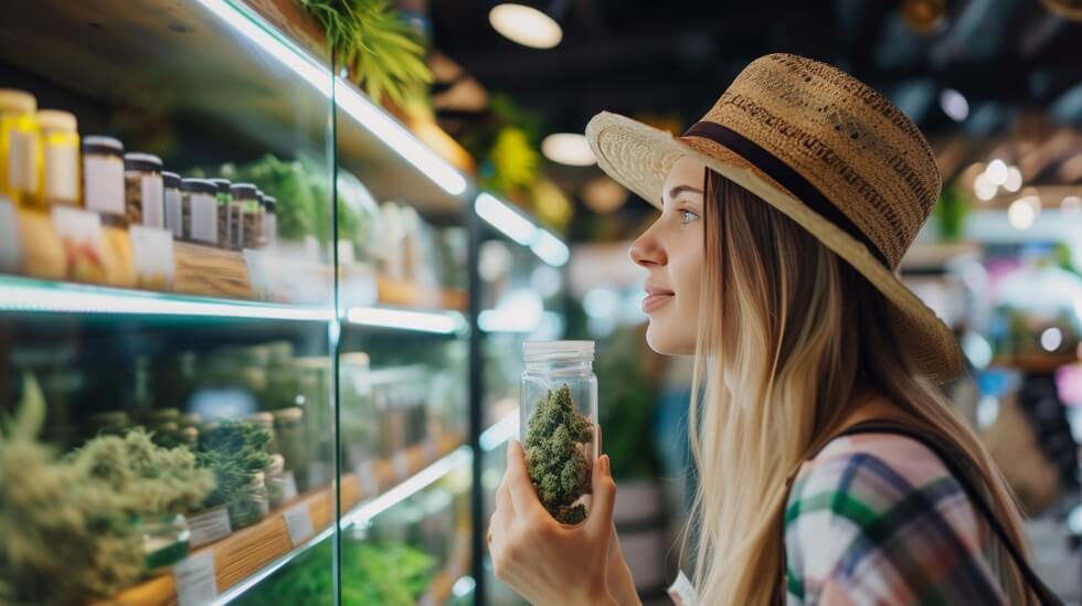 curious young people in a cannabis shop