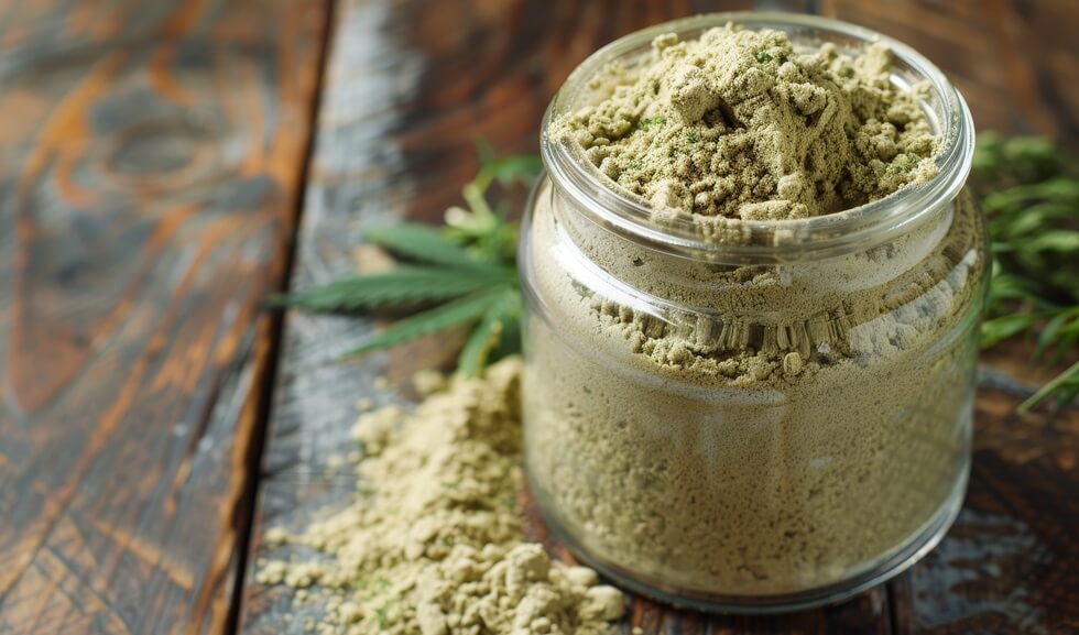 jar of hemp protein powder on wood table