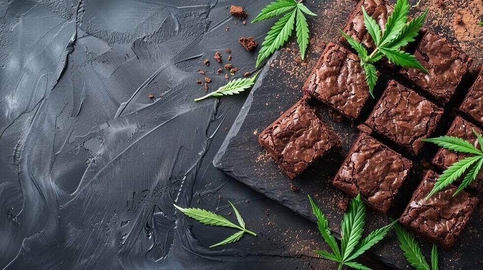 photograph of a brownie with marijuana leaves