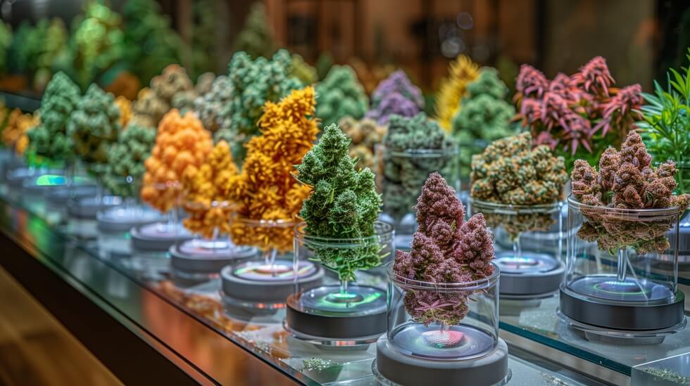 variety of colorful cannabis strains showcased in jars in Boston dispensary