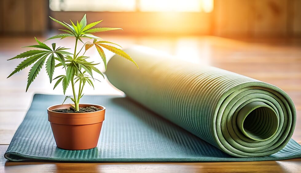 yoga mat with a small potted cannabis plant