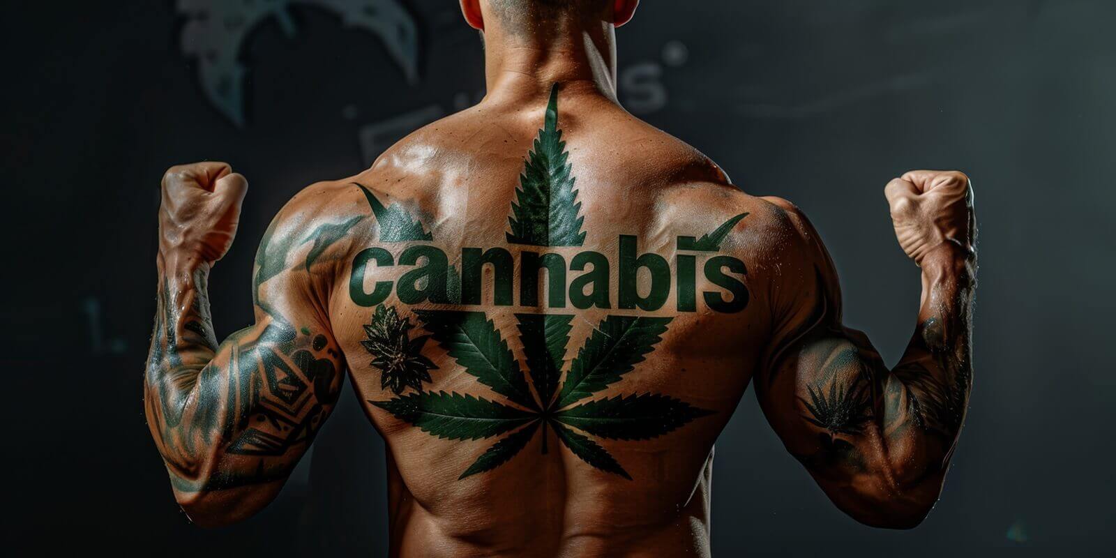 bodybuilder with cannabis tattoo flexing muscles after taking weed edibles