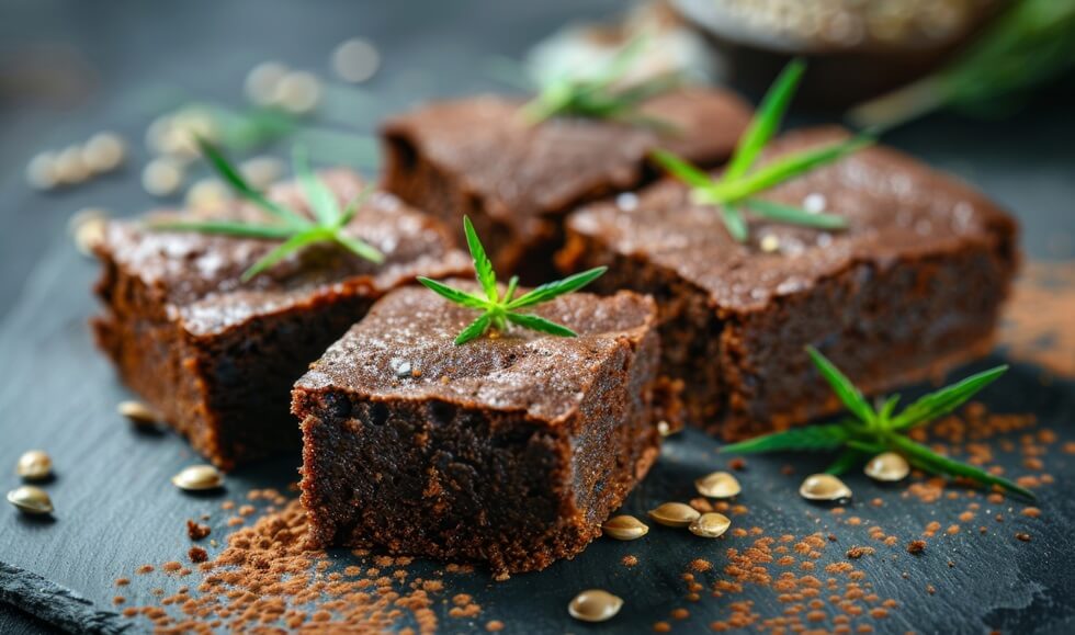 brownie topped with hemp seeds sits on a table, illustrating a cooking concept incorporating cannabis herb