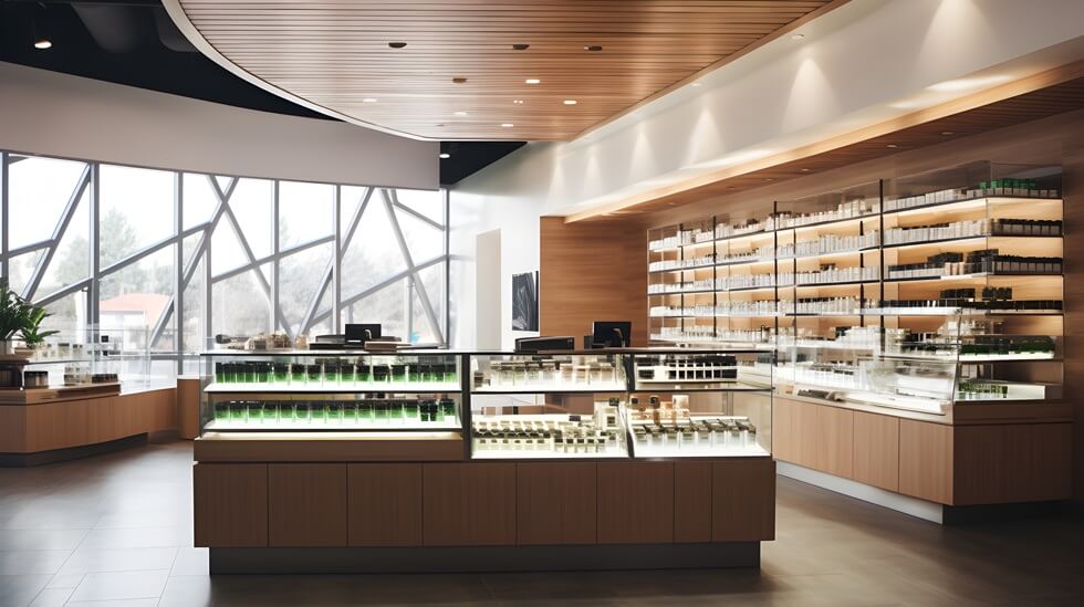 Boston cannabis dispensary with product display and modern clean architecture