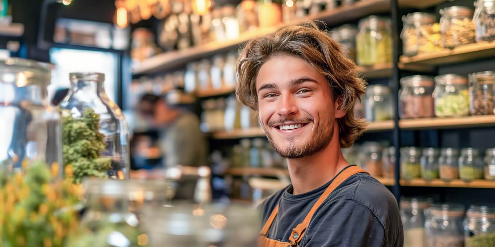 portrait of a happy young adult salesman working in a Boston marijuana dispensary, looking at camera and smiling