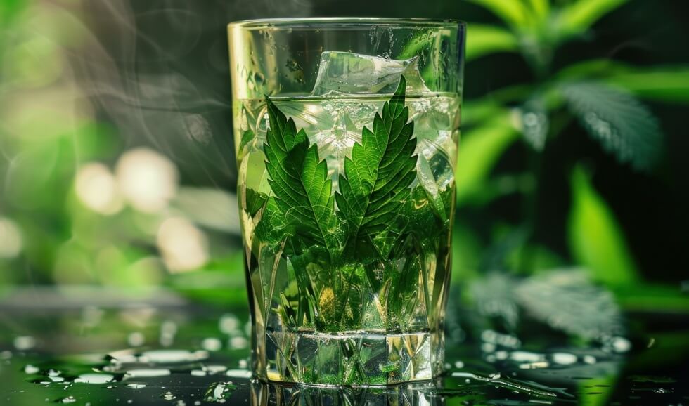 cold cannabis drink is standing on a wet surface with marijuana plants in the background