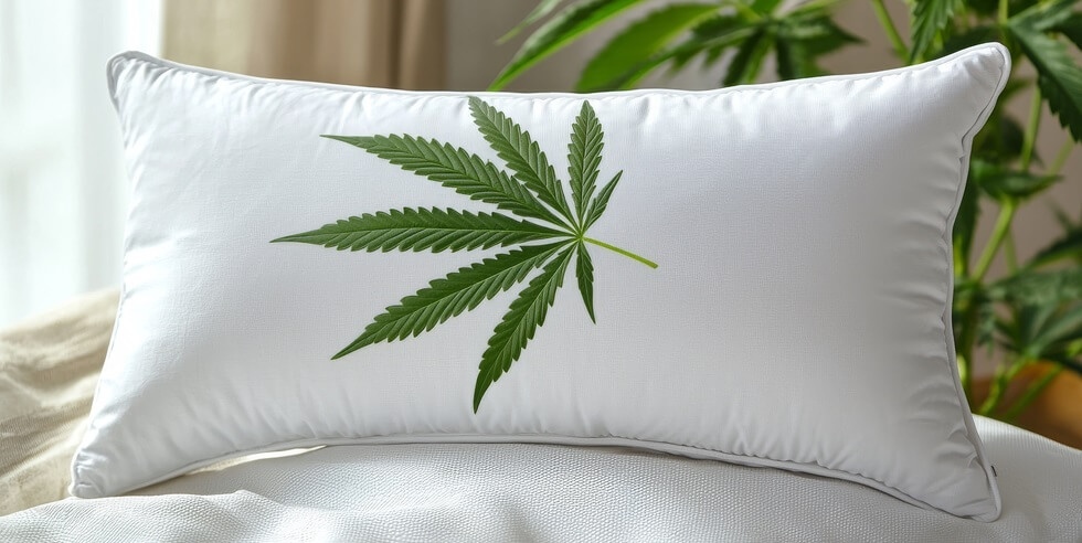 concept of CBD or CBN is displayed in a banner with a pillow and cannabis leaf from Boston dispensary