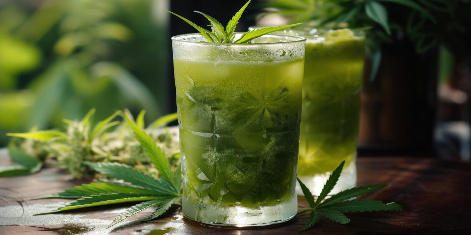 glasses of icecold cannabis drinks with fresh leaves