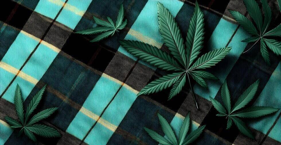 green cannabis leaves on teal and black plaid background