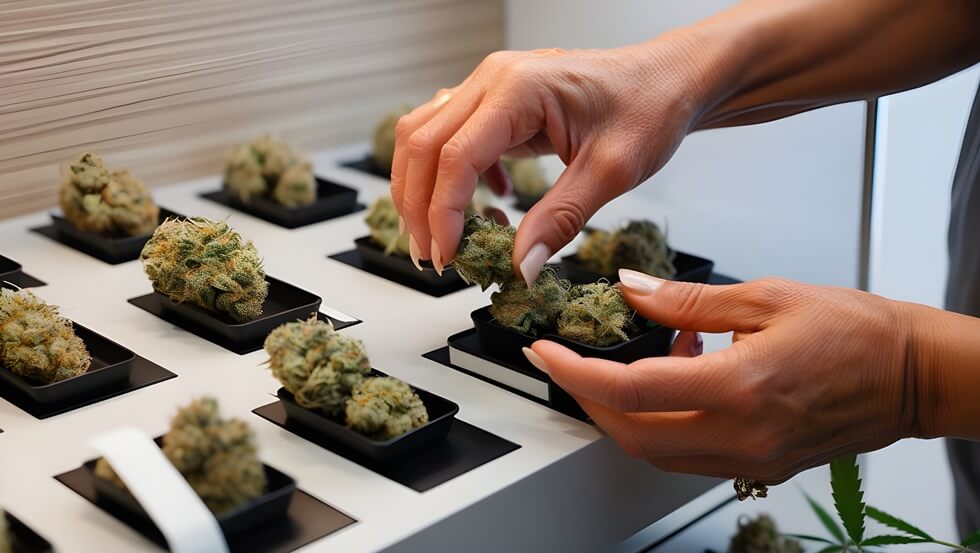 hand taking a weed flower from Boston cannabis dispensary