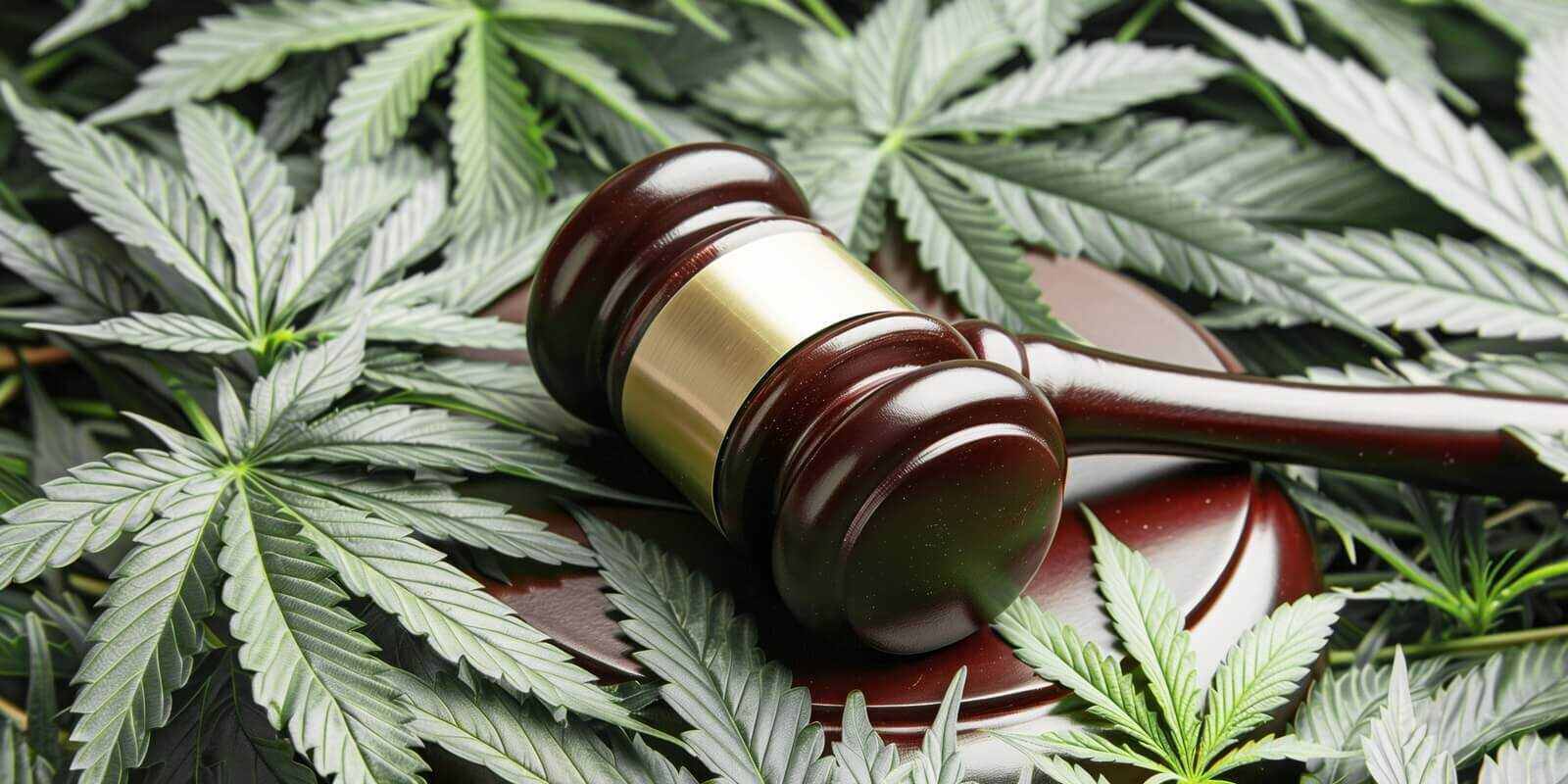 wooden judge's gavel rests on a bed of cannabis leaves, symbolizing the intersection of legal issues and marijuana regulation in Boston, MA