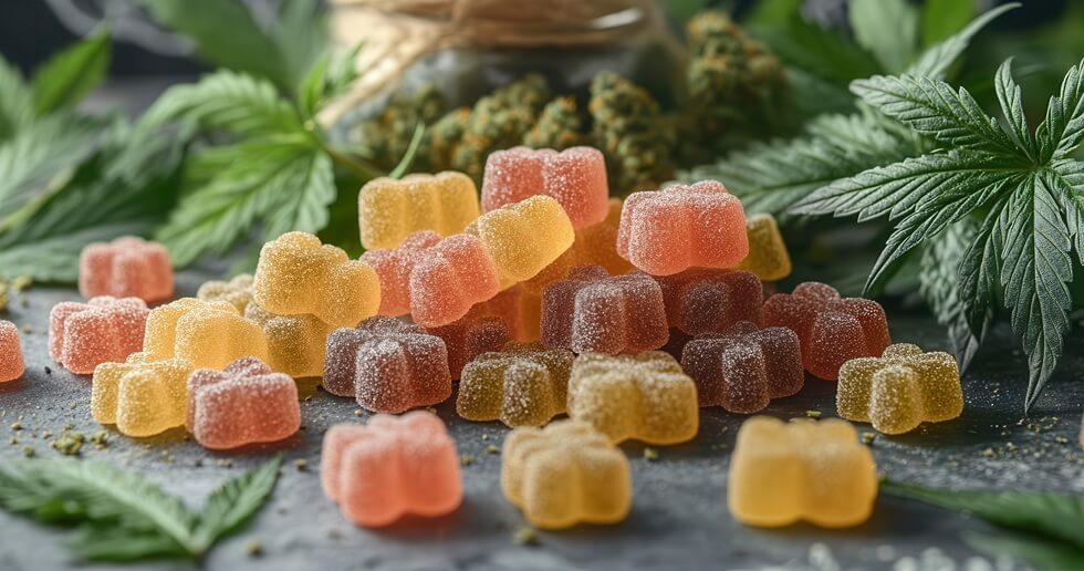 artful arrangement of gummy edibles in various shapes and colors intertwined with cannabis leaves on a rustic wooden surface from Boston dispensary