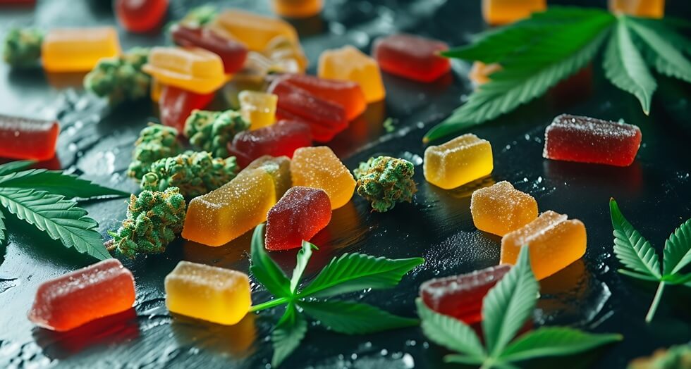 colored gum candy jelly with marijuana leaves on a black glass background