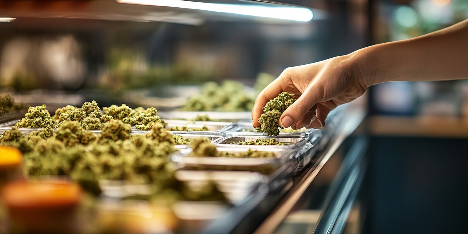 hand selecting cannabis buds from a display case in a dispensary