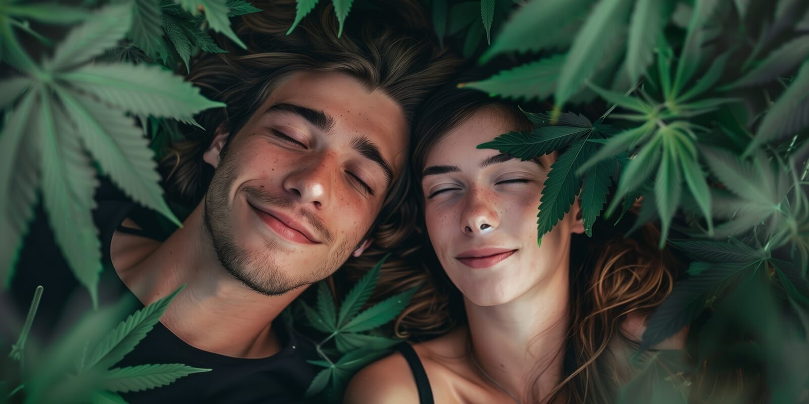 young couple with cannabis leaves in Boston