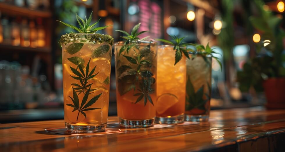 assorted cannabis cocktail drinks decorated with marijuana cannabis leaves in glasses