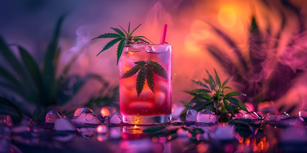 assortment of pink cannabis cocktails with cannabis leaves