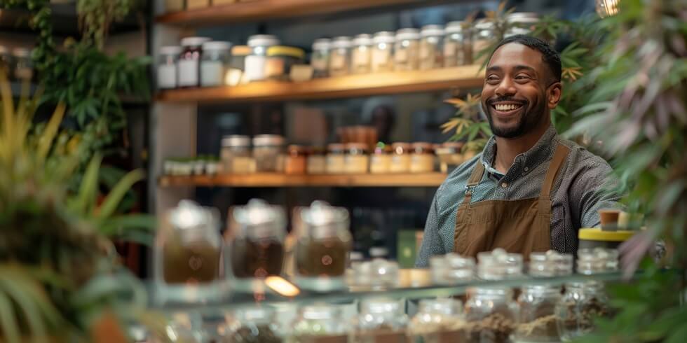 friendly worker in cannabis dispensary smiling