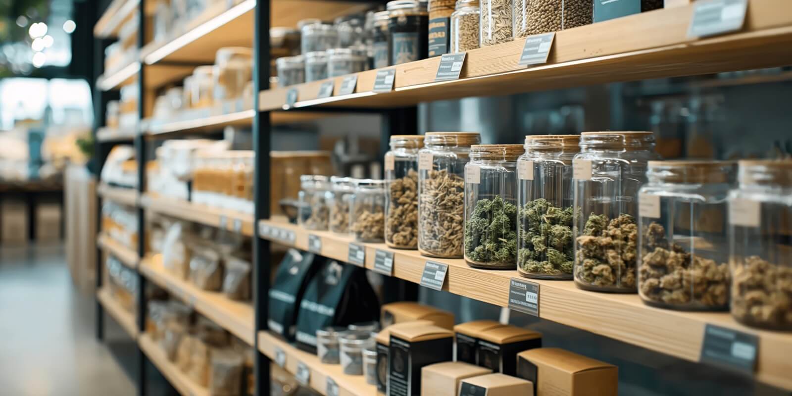 shelves in a modern dispensary displaying various jars filled with different strains of cannabis buds and other organic products in transparent containers