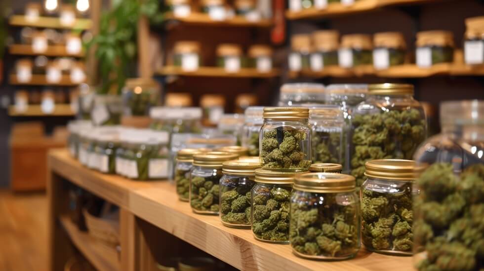 Boston cannabis dispensary shelf with product display