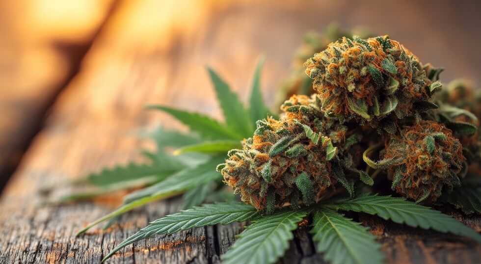 close-up of cannabis buds and leaves on a wooden surface