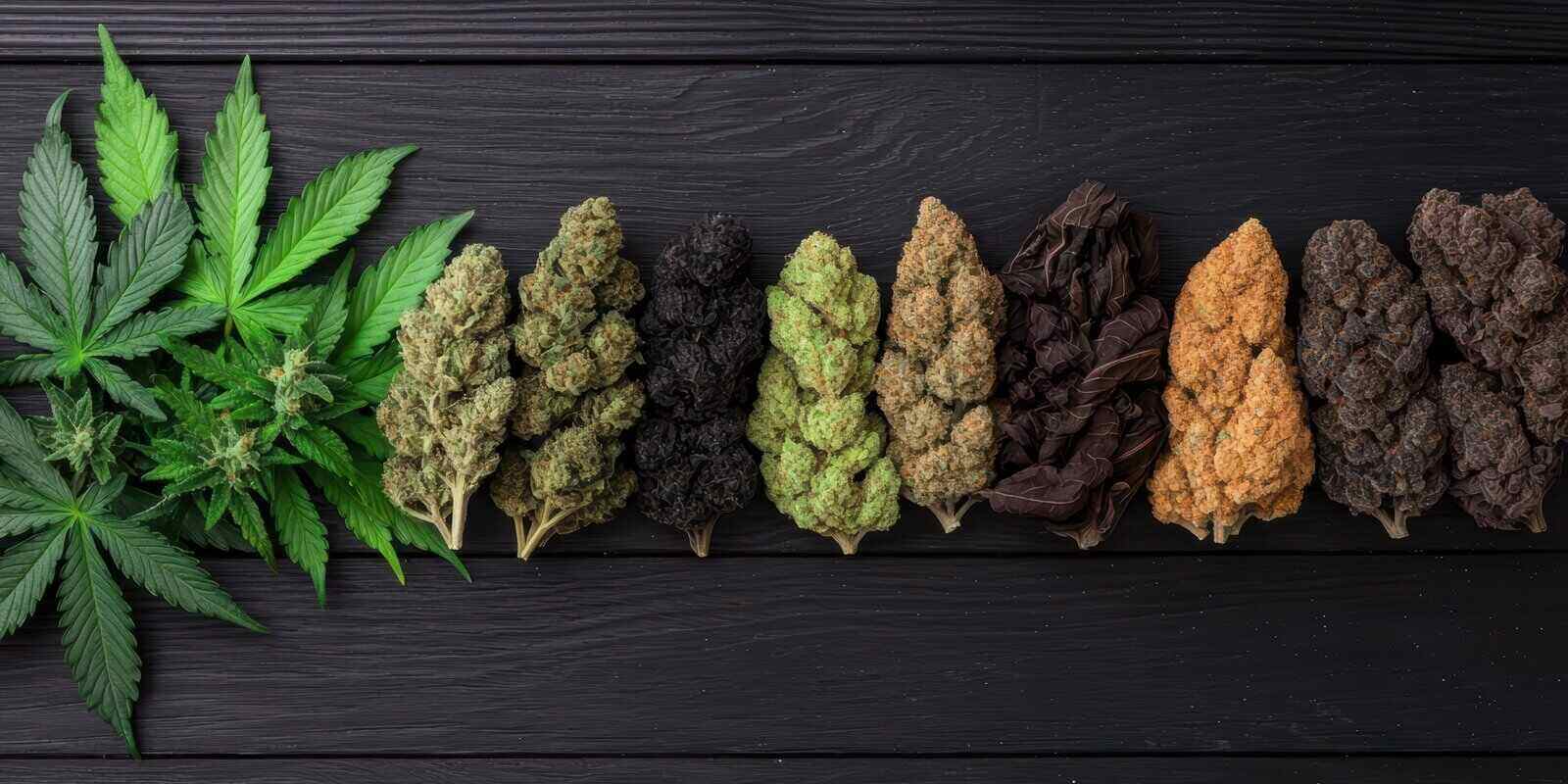 various cannabis strains arranged on a dark wooden background from Boston dispensary