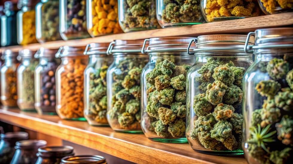 vibrant cannabis buds of various strains are meticulously organized and stored in glass jars