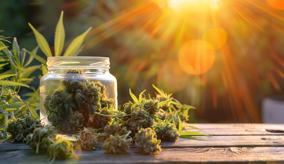 vibrant photo of a selection of cannabis buds and a glass jar filled with cannabis flowers