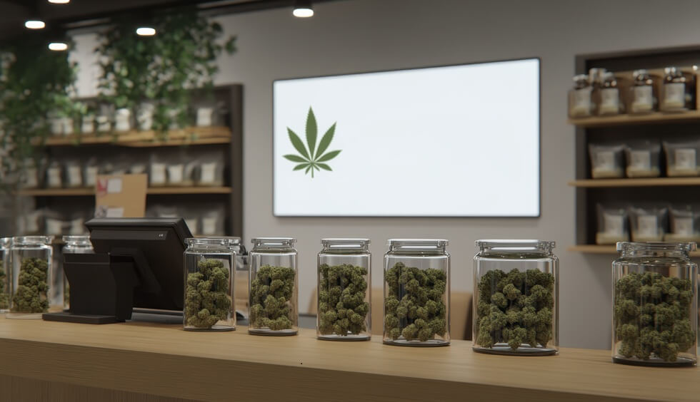 Boston cannabis dispensary jars and digital checkout