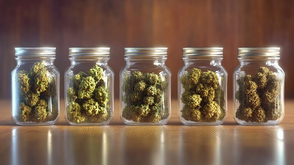 medicinal buds of various cannabis strains in jars