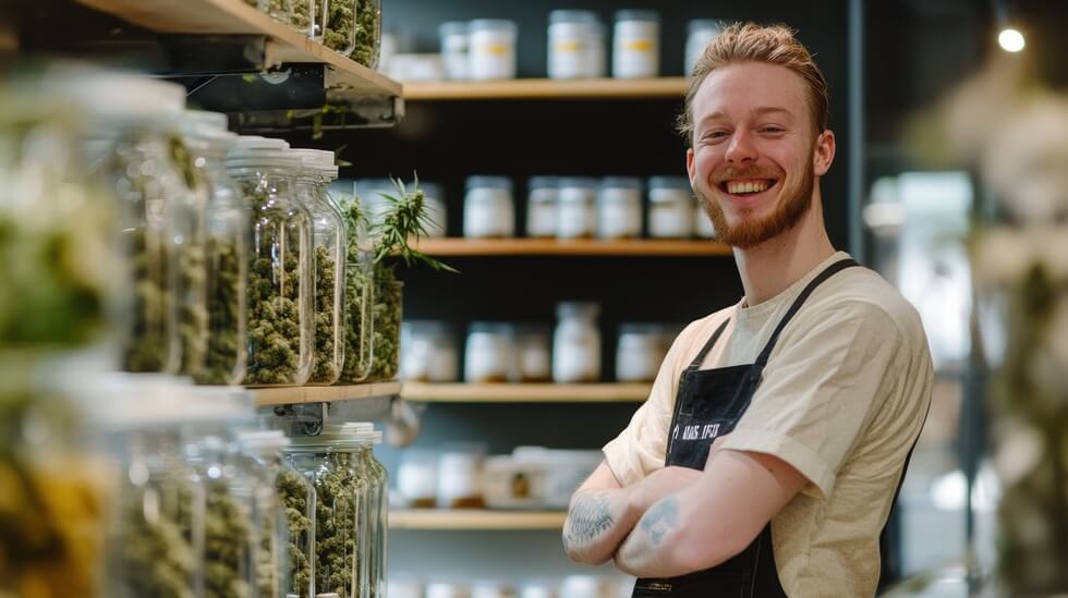 smiling man in cannabis dispensary with jars