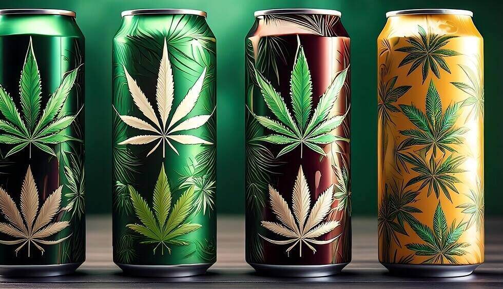 collection of beverage weed edbiles cans with a cannabis theme