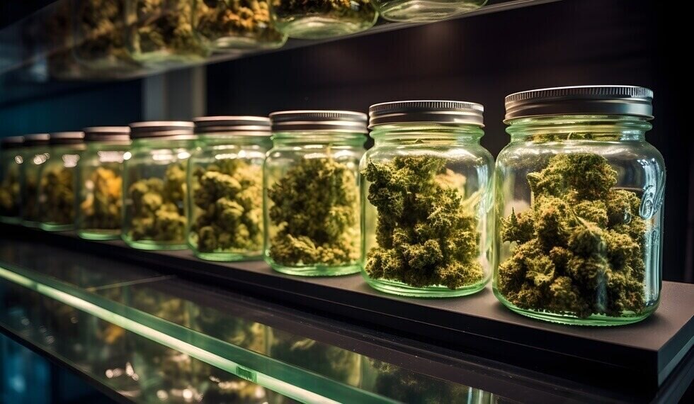 jars of cannabis buds on dispensary shelf